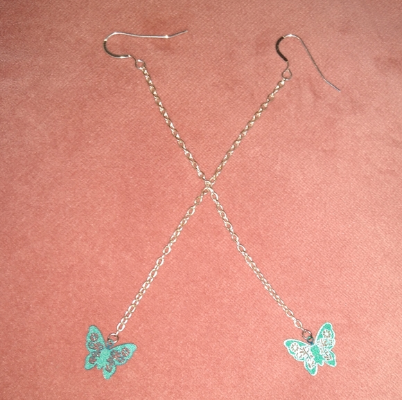 Solid 925 Sterling Silver Hooks Long Chain Blue Handmade Butterfly Earrings New - Picture 6 of 9